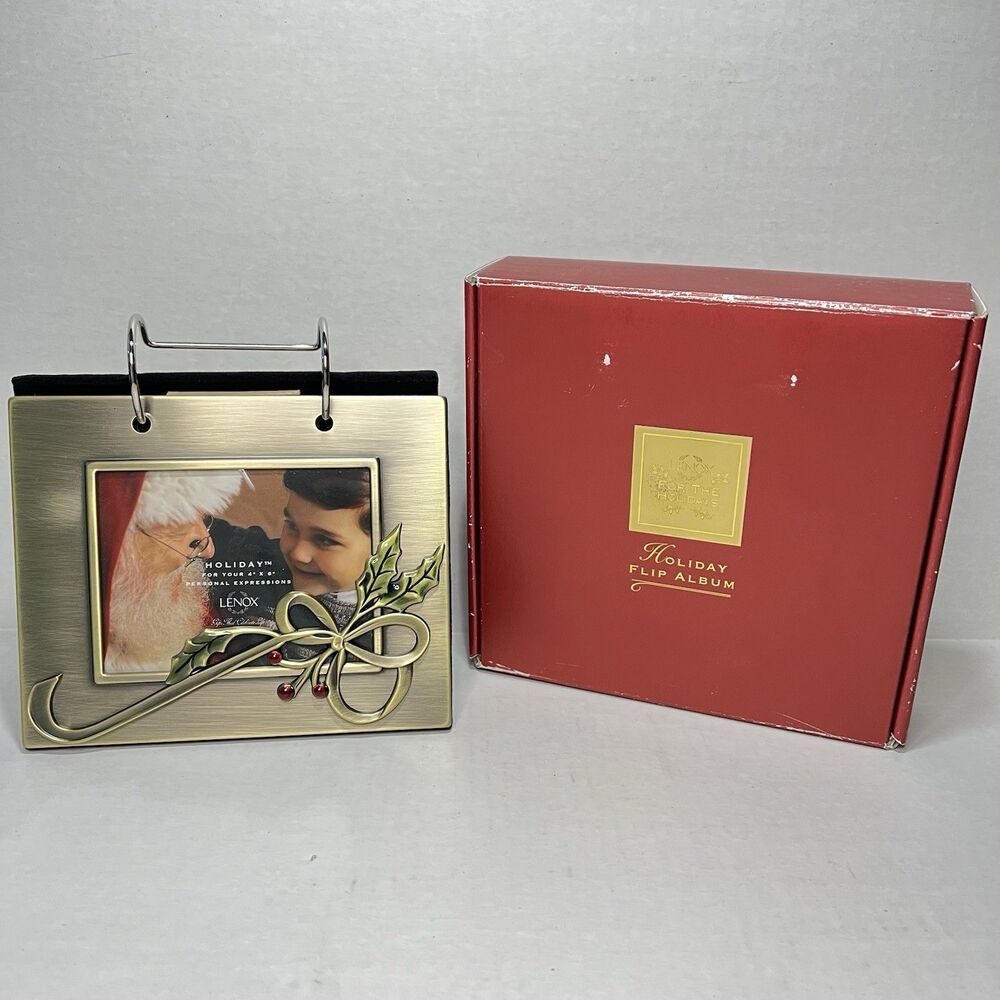 Lenox For The Holidays Brassplate Finish 4x6" Metal Flip Photo Album Xmas Holly